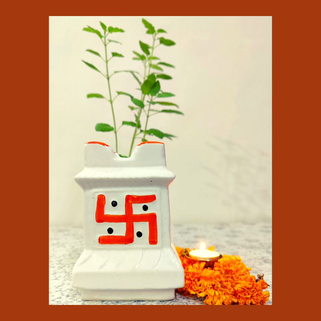 Homefrills small Tulsi Ceramic Planters Pot for Indoor, Outdoor ,Home Office, Pooja Plants Gamla (Colour- White & Orange ) Size- 17 cm 